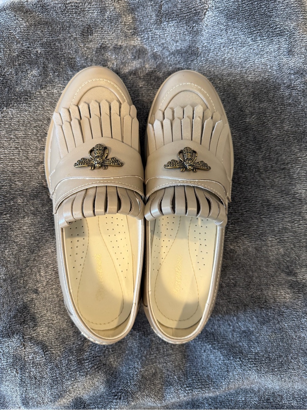 Genuine leather Beige Fringe Loafers with Decorative Bee Accent